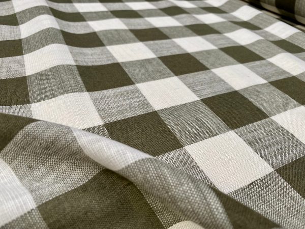 Khaki Green & White Gingham Linen Checked Linen Fabric Plaid Material Buffalo Check Cotton Yarn Tartan - 59" or 150cm wide - Image 3