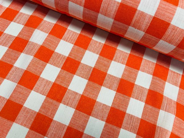 Gingham Linen Checked Linen Fabric Plaid Material Buffalo Check Cotton Yarn Tartan – 59″ or 150cm wide – Orange & White