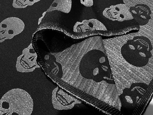 Skulls - Glitter Silver Thread Lurex Fabric Metallic Look Double Face Jacquard Material Curtain, Upholstery - 55"/140cm wide - Black - Image 2