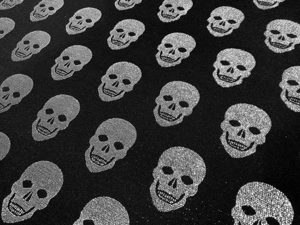 Skulls - Glitter Silver Thread Lurex Fabric Metallic Look Double Face Jacquard Material Curtain, Upholstery - 55"/140cm wide - Black - Image 3