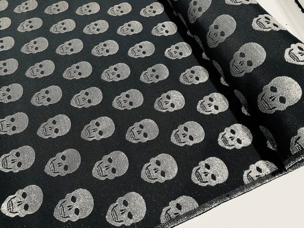 Skulls - Glitter Silver Thread Lurex Fabric Metallic Look Double Face Jacquard Material Curtain, Upholstery - 55"/140cm wide - Black - Image 4
