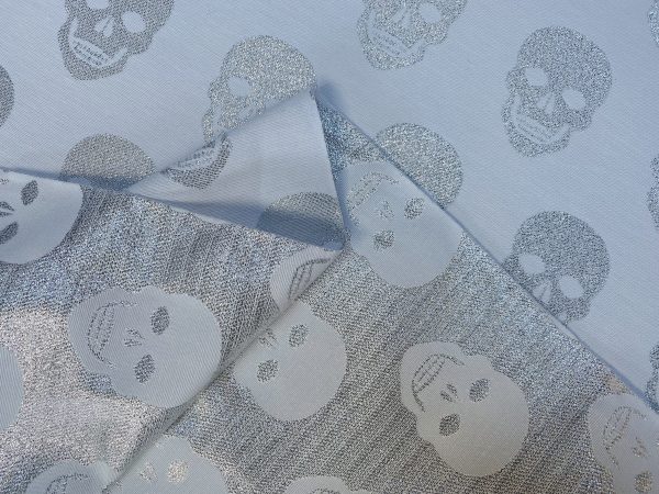 Skulls - Glitter Silver Thread Lurex Fabric Metallic Look Halloween Skull Double Face Jacquard Material Curtain, Upholstery - 55"/140cm wide - White - Image 5