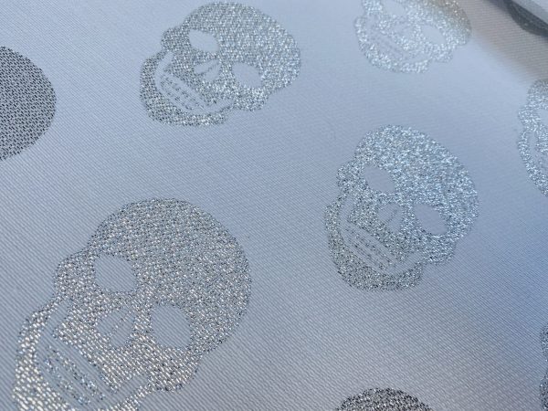 Skulls - Glitter Silver Thread Lurex Fabric Metallic Look Halloween Skull Double Face Jacquard Material Curtain, Upholstery - 55"/140cm wide - White - Image 4