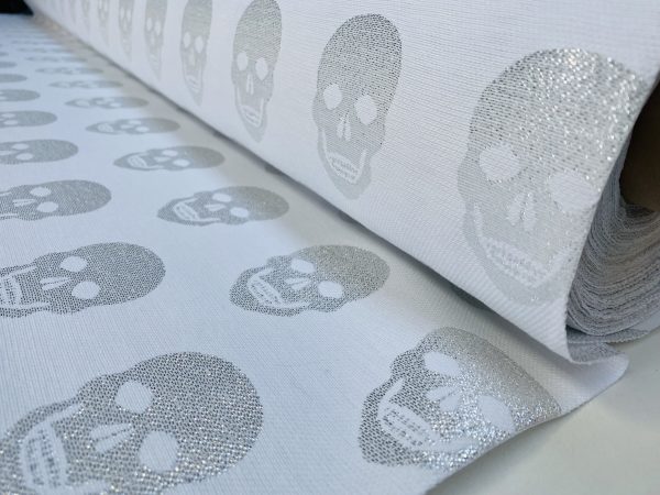 Skulls - Glitter Silver Thread Lurex Fabric Metallic Look Halloween Skull Double Face Jacquard Material Curtain, Upholstery - 55"/140cm wide - White - Image 3