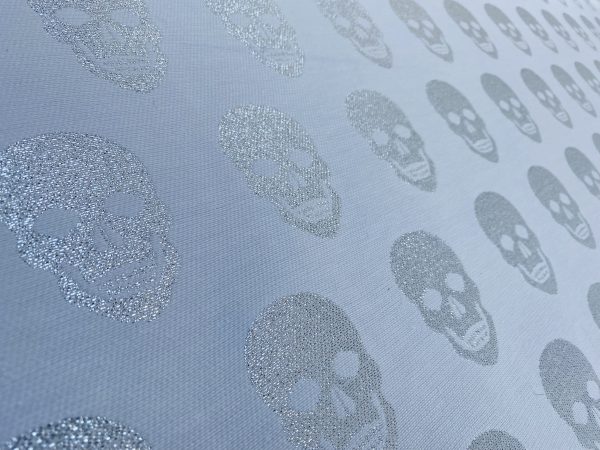 Skulls - Glitter Silver Thread Lurex Fabric Metallic Look Halloween Skull Double Face Jacquard Material Curtain, Upholstery - 55"/140cm wide - White - Image 2