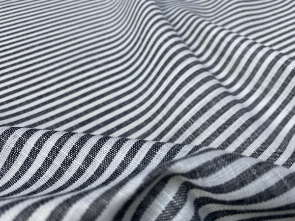 Candy Stripe Linen Fabric Light Cotton Material Cute Striped White Lines Home Decor, Dressmaking - 59" or 150cm wide - Black - Image 3