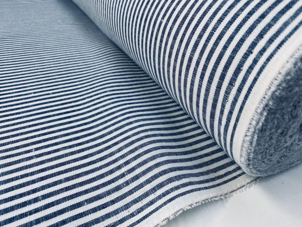 Candy Stripe Linen Fabric Light Cotton Material Cute Striped White Lines Home Decor, Dressmaking - 59" or 150cm wide - Navy Blue - Image 2