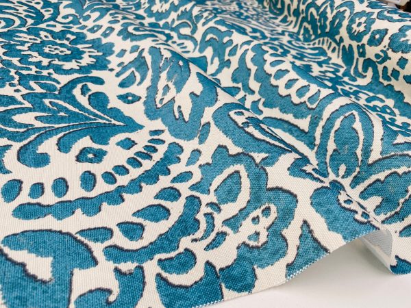 Abstract Blue Floral Pattern Fabric Material for Home Decor, Curtains, Upholstery - 55"/140cm Wide Canvas - Blue & Cream - Image 2