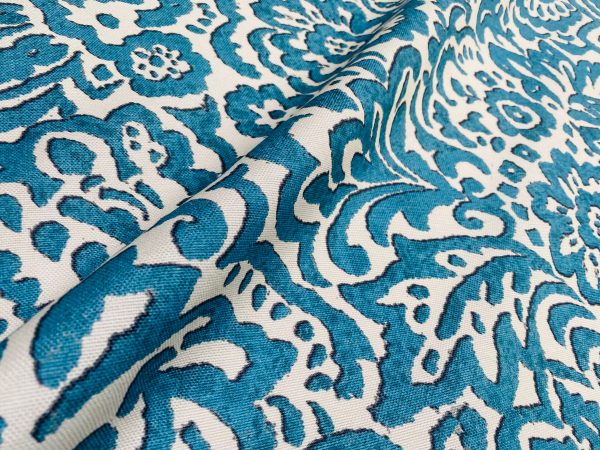 Abstract Blue Floral Pattern Fabric Material for Home Decor, Curtains, Upholstery - 55"/140cm Wide Canvas - Blue & Cream - Image 4