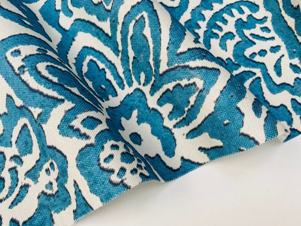 Abstract Blue Floral Pattern Fabric Material for Home Decor, Curtains, Upholstery - 55"/140cm Wide Canvas - Blue & Cream - Image 5