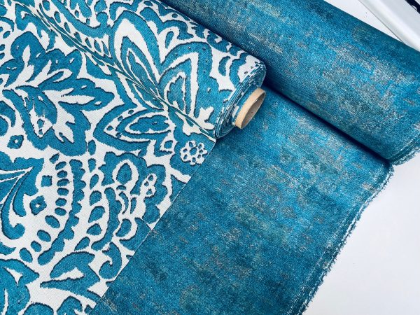 Abstract Blue Floral Pattern Fabric Material for Home Decor, Curtains, Upholstery - 55"/140cm Wide Canvas - Blue & Cream - Image 7
