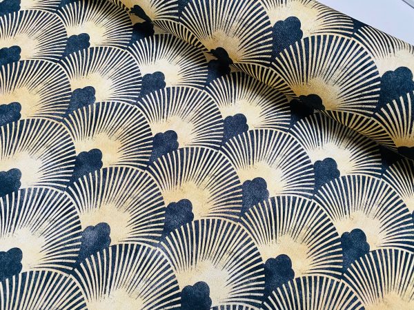 Art Deco Geometric Damask Floral Fan Fabric Fountain Leaf - Curtain Upholstery Home decor - 110"/280cm EXTRA Wide - Gold & Black - Image 2