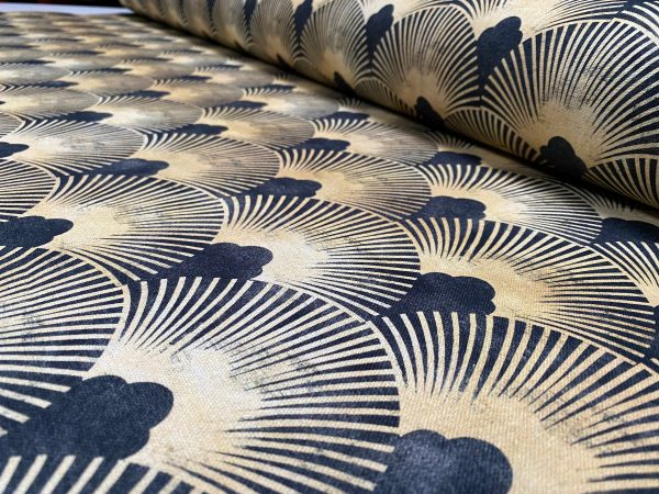 Art Deco Geometric Damask Floral Fan Fabric Fountain Leaf - Curtain Upholstery Home decor - 110"/280cm EXTRA Wide - Gold & Black - Image 3