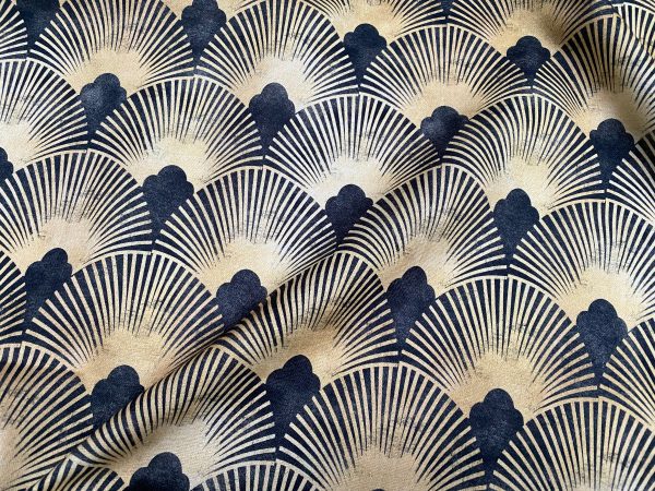 Art Deco Geometric Damask Floral Fan Fabric Fountain Leaf - Curtain Upholstery Home decor - 110"/280cm EXTRA Wide - Gold & Black - Image 4