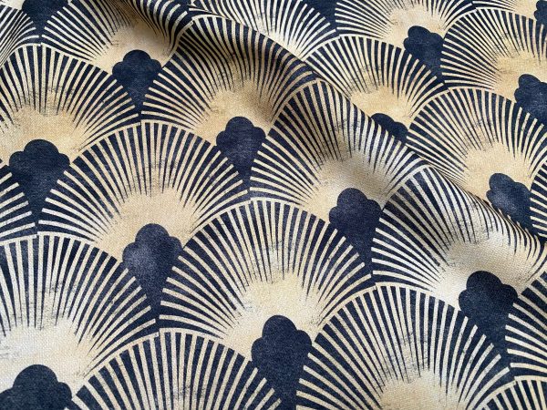 Art Deco Geometric Damask Floral Fan Fabric Fountain Leaf - Curtain Upholstery Home decor - 110"/280cm EXTRA Wide - Gold & Black - Image 5