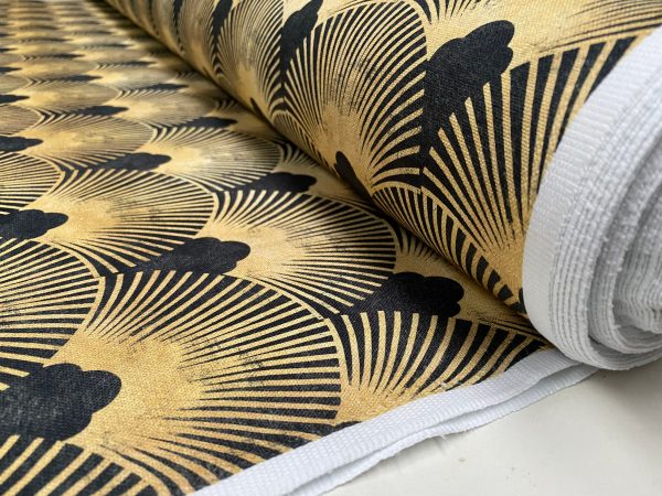 Art Deco Geometric Damask Floral Fan Fabric Fountain Leaf - Curtain Upholstery Home decor - 55"/140cm Wide - Gold & Black - Image 4