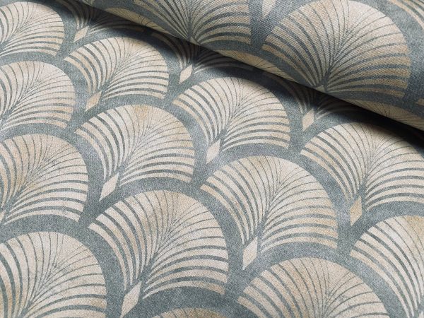 Art Deco Geometric Damask Floral Fan Fabric Fountain Leaf - Curtain Upholstery Home decor - 55"/140cm Wide - Gold & Grey - Image 2