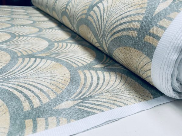 Art Deco Geometric Damask Floral Fan Fabric Fountain Leaf - Curtain Upholstery Home decor - 55"/140cm Wide - Gold & Grey - Image 3