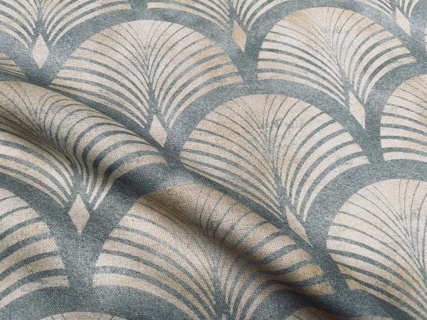 Art Deco Geometric Damask Floral Fan Fabric Fountain Leaf - Curtain Upholstery Home decor - 55"/140cm Wide - Gold & Grey - Image 4
