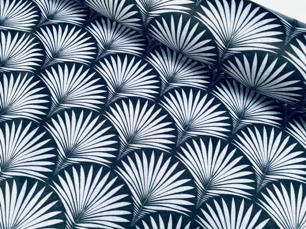 Velvet Art Deco Geometric Damask Floral Fan Fabric Fountain Leaf – Curtain Upholstery Home decor – 55″/140cm Wide –  Black & Grey