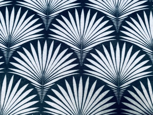 Velvet Art Deco Geometric Damask Floral Fan Fabric Fountain Leaf - Curtain Upholstery Home decor - 55"/140cm Wide -  Black & Grey - Image 3