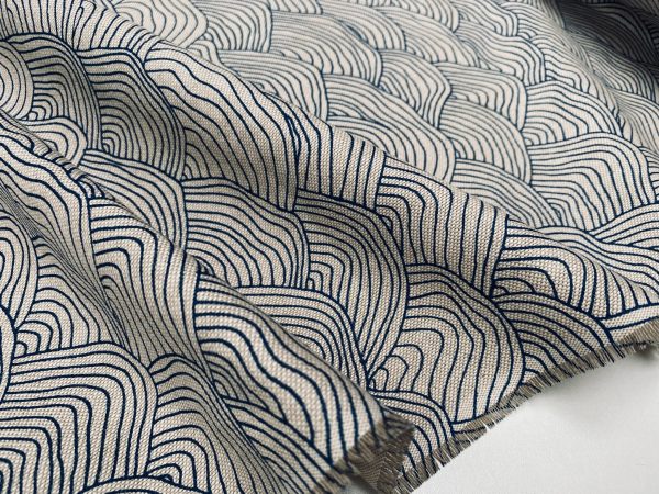 Blue Wave Geometric Waves Linen Look Fabric Curtain Material for Dress Decor Curtain Upholstery - 55" or 140cm Wide Canvas - Image 5