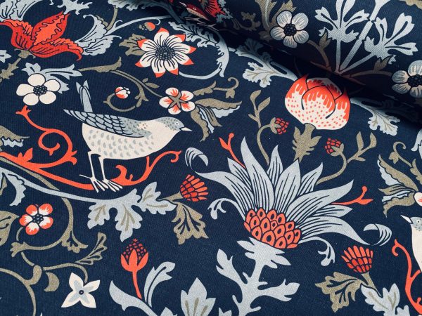 Folklore Motif Fabric Printed Forest Flowers Birds Home Decor Curtain Upholstery Ethnic Material 140cm or 55" wide -Black & Red - Image 3