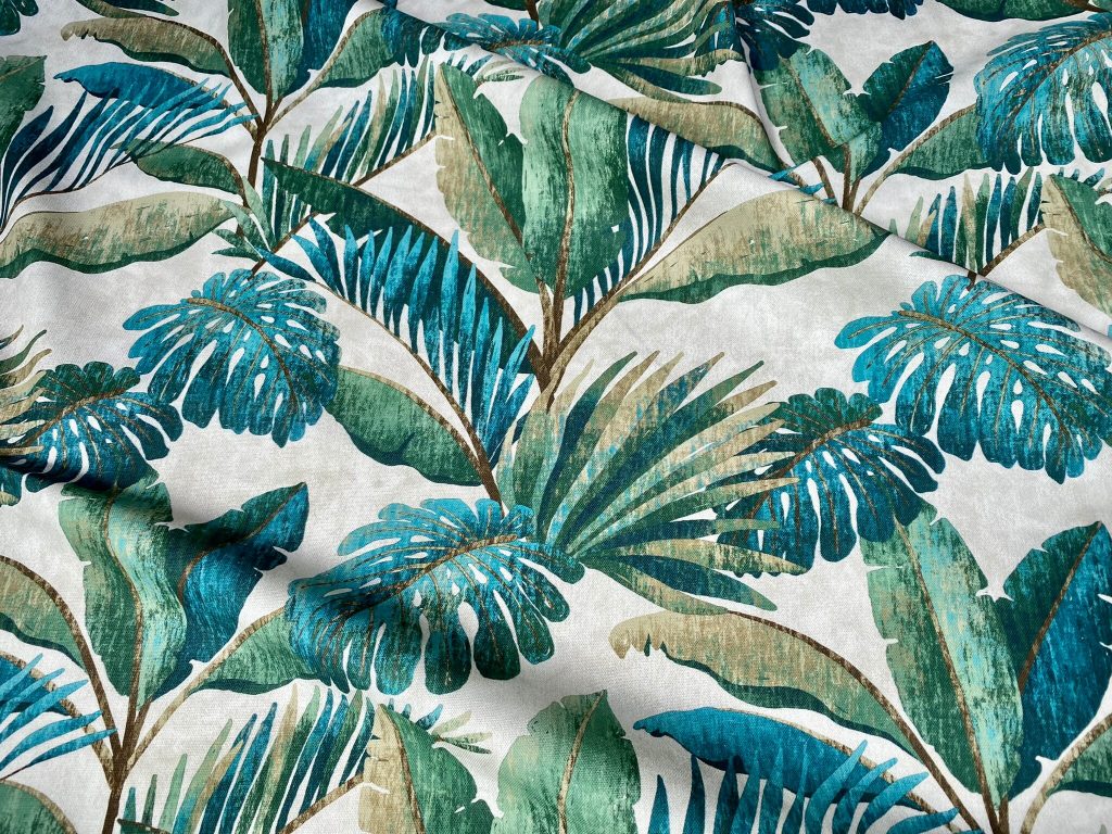 Teal Palm Leaves Banana Tropical Leaf Fabric Linen Look Material for Home Decor Curtain