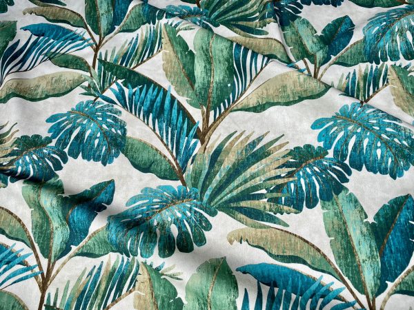 Teal Palm Leaves Banana Tropical Leaf Fabric Linen Look Material for ...