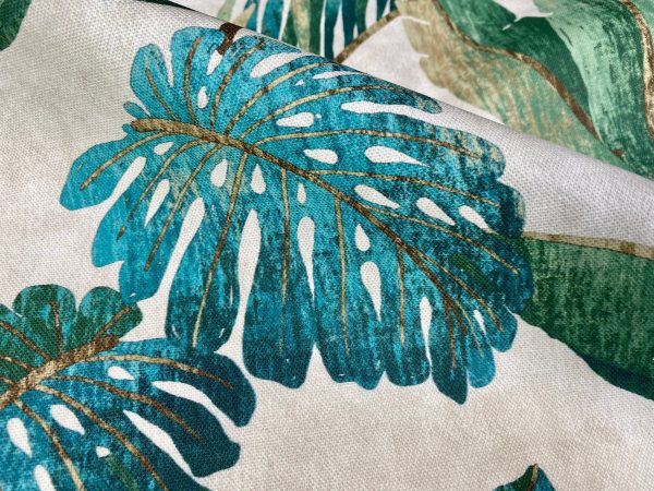 Teal Palm Leaves Banana Tropical Leaf Fabric Linen Look Material for Home Decor Curtain Upholstery - 53" or 136cm Wide Canvas - Image 2