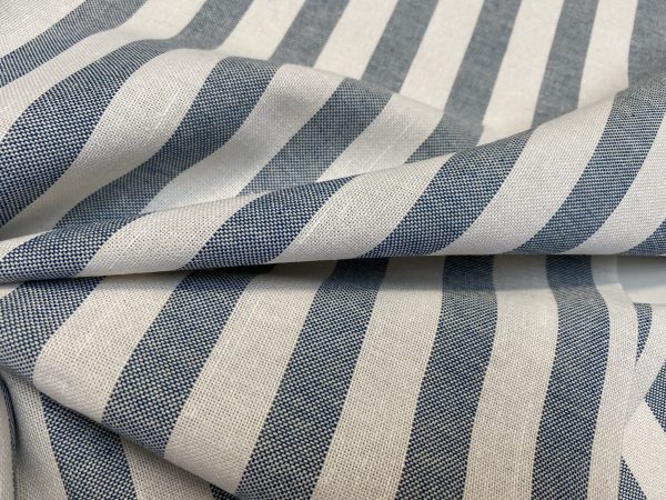 Linen Look White STRIPES Culla Fabric Furnishing Curtain Upholstery Dressmaking Cotton Material 55″/140cm Wide Canvas - Denim Blue - Image 3