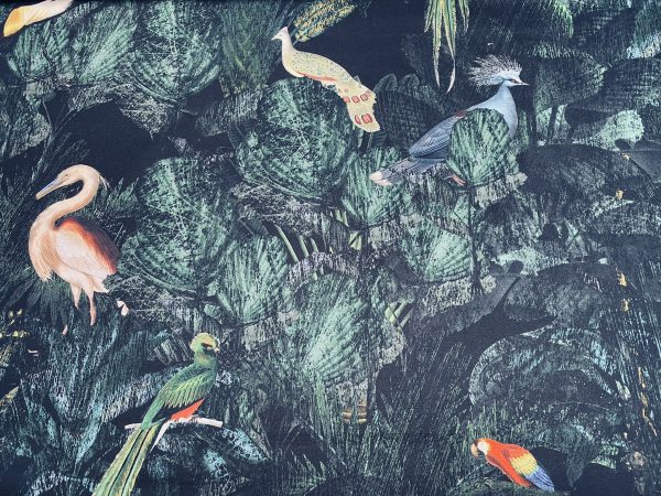 Jungle Birds Black Green Palm Leaves Tropical Leaf Fabric Peacock Flamingo Material for Home Decor Curtain Upholstery - 55" (140cm) Wide - Image 4