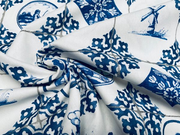 Dutch Tile Geometric Fabric Ceramic Effect Delft Blue Windmill Holland Tulips Cotton Curtain Upholstery Material - 55"/140cm wide - Image 2