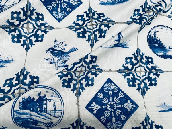 Dutch Tile Geometric Fabric Ceramic Effect Delft Blue Windmill Holland Tulips Cotton Curtain Upholstery Material - 55"/140cm wide - Image 3