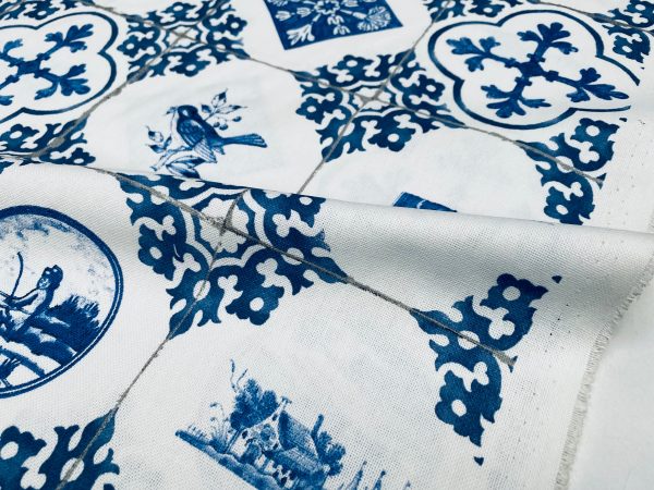 Dutch Tile Geometric Fabric Ceramic Effect Delft Blue Windmill Holland Tulips Cotton Curtain Upholstery Material - 55"/140cm wide - Image 4