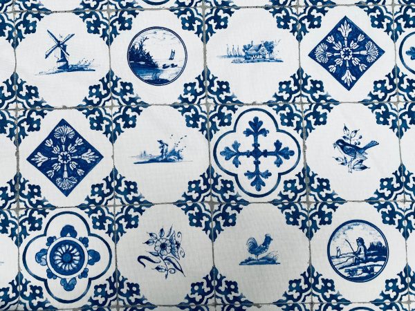 Dutch Tile Geometric Fabric Ceramic Effect Delft Blue Windmill Holland Tulips Cotton Curtain Upholstery Material - 55"/140cm wide - Image 5