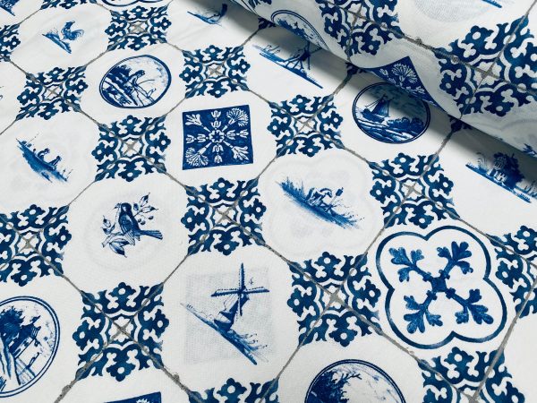 Dutch Tile Geometric Fabric Ceramic Effect Delft Blue Windmill Holland Tulips Cotton Curtain Upholstery Material - 55"/140cm wide - Image 6