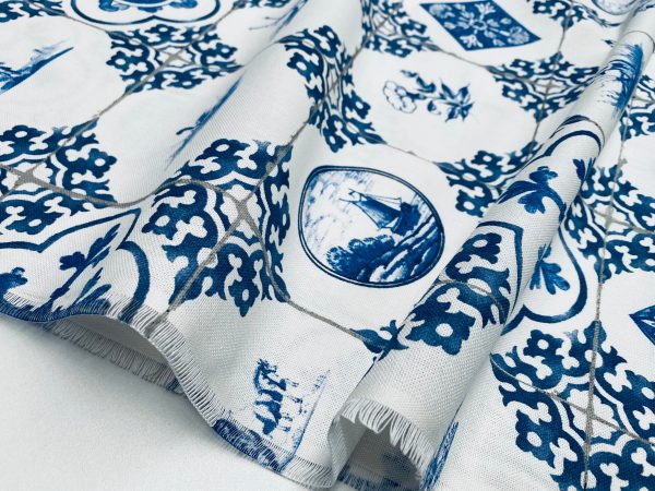 Dutch Tile Geometric Fabric Ceramic Effect Delft Blue Windmill Holland Tulips Cotton Curtain Upholstery Material - 55"/140cm wide - Image 8