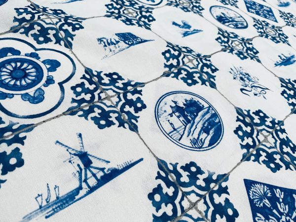Dutch Tile Geometric Fabric Ceramic Effect Delft Blue Windmill Holland Tulips Cotton Curtain Upholstery Material - 55"/140cm wide - Image 9