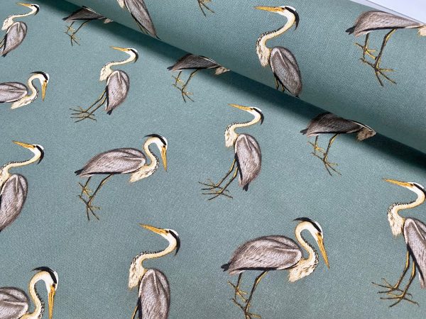 Heron Bird Print Linen Look Fabric Home Decor Upholstery Curtain Cotton Material 55″ or 140cm Wide Grey Green
