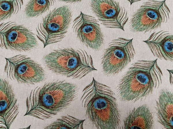 Linen Look Peacock Feathers Fan Print Fabric Upholstery Curtain Cotton Material 55″ or 140cm Wide