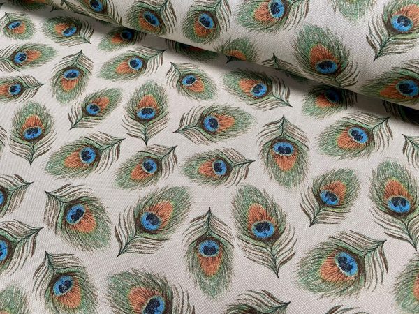 Linen Look Peacock Feathers Fan Print Fabric Upholstery Curtain Cotton Material 55" or 140cm Wide - Image 2