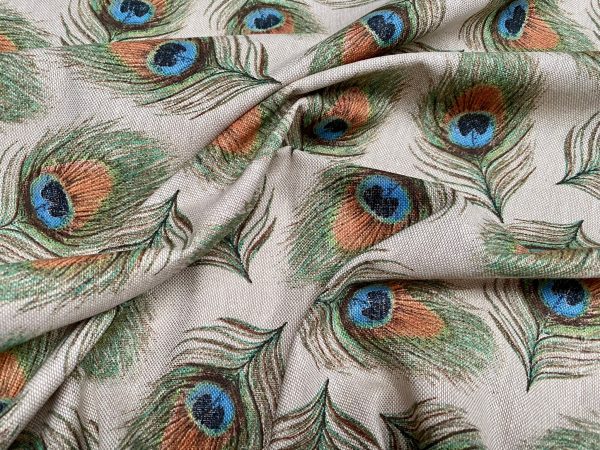 Linen Look Peacock Feathers Fan Print Fabric Upholstery Curtain Cotton Material 55" or 140cm Wide - Image 3