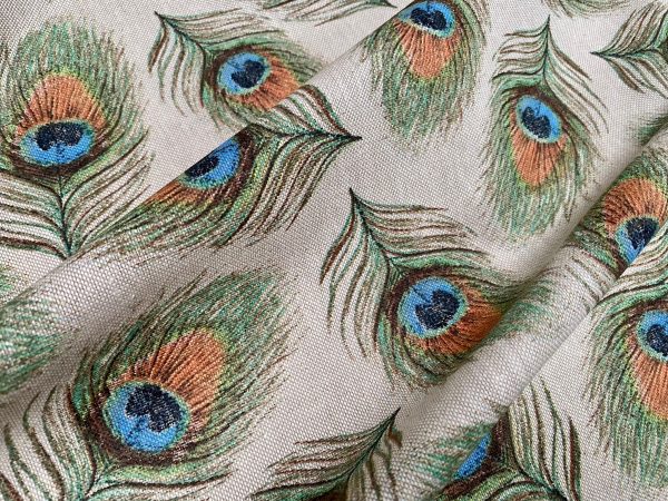 Linen Look Peacock Feathers Fan Print Fabric Upholstery Curtain Cotton Material 55" or 140cm Wide - Image 4