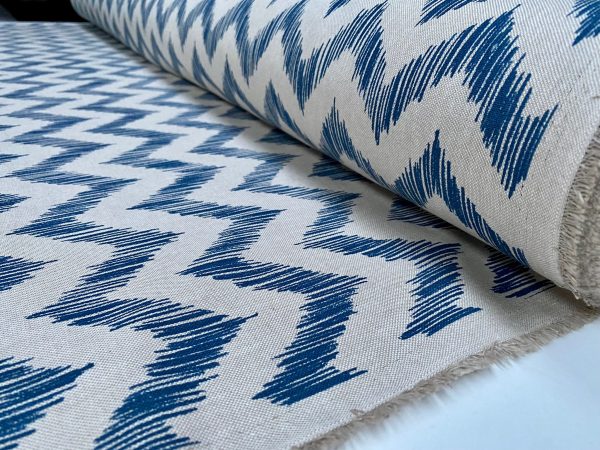 Linen Look Zigzag Fabric Home Decor Material for Curtains, Upholstery  - 55" or 140cm Wide - Blue - Image 2