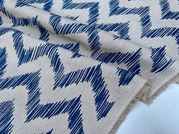Linen Look Zigzag Fabric Home Decor Material for Curtains, Upholstery  - 55" or 140cm Wide - Blue - Image 3