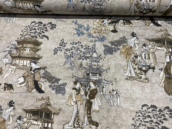Geisha Japanese Pagoda Oriental Twill Floral Linen Look Curtain Fabric Material – 140cm or 55” Wide Textile – Beige