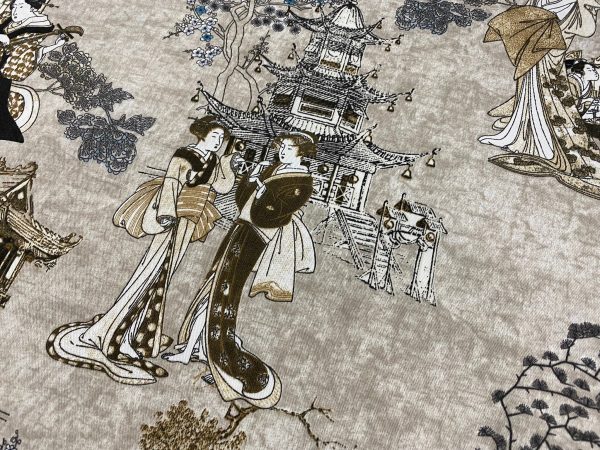 Geisha Japanese Pagoda Oriental Floral Linen Look Curtain Fabric Material - 140cm or 55'' Wide Textile - Beige - Image 2