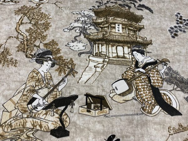 Geisha Japanese Pagoda Oriental Floral Linen Look Curtain Fabric Material - 140cm or 55'' Wide Textile - Beige - Image 3