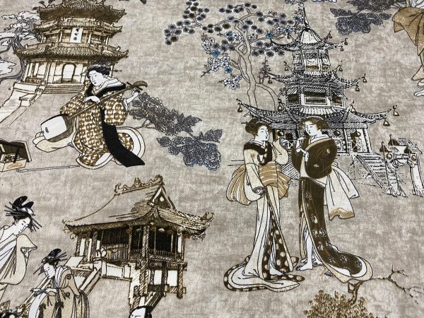 Geisha Japanese Pagoda Oriental Twill Floral Linen Look Curtain Fabric Material – 140cm or 55” Wide Textile – Beige
